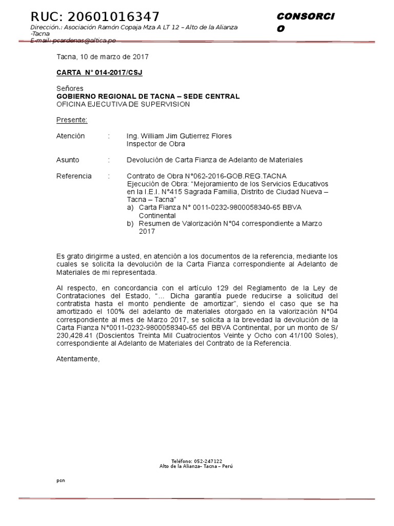 Solicito Devolucion De Carta Fianza Materiales Carta N 13 Pdf