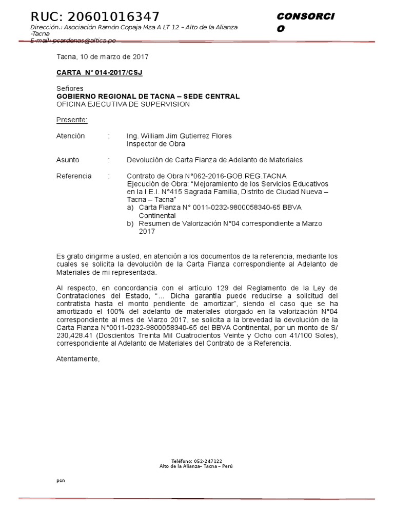 Solicito Devolucion de Carta Fianza Materiales Carta N°13 | PDF