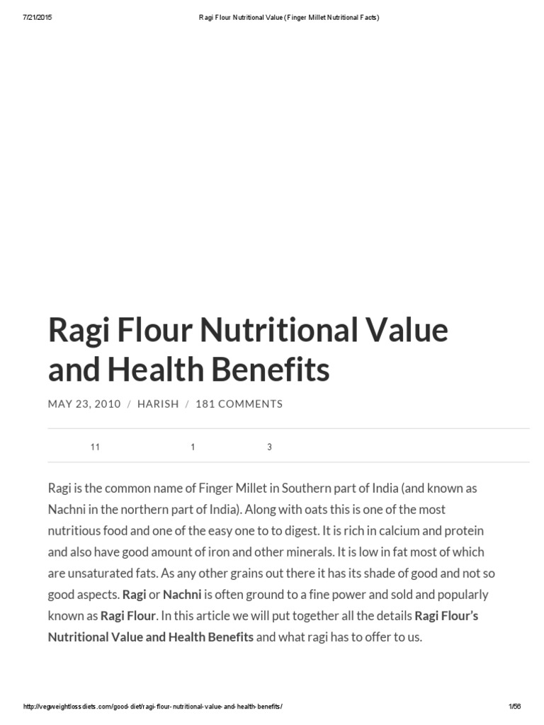 Ragi Flour Nutritional Value (Finger Millet Nutritional Facts