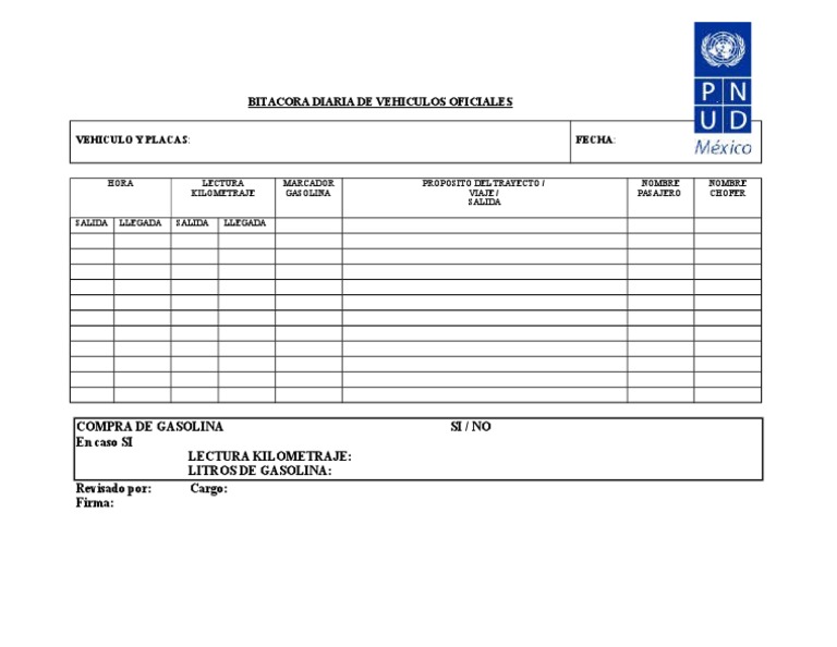 UNDP MX Adq Formatos Bitacora Vehiculos Diaria | PDF