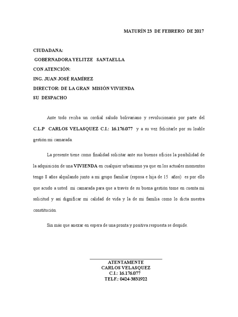 Carta de Solicitud Vivienda  Disturbios  Conflicto armado