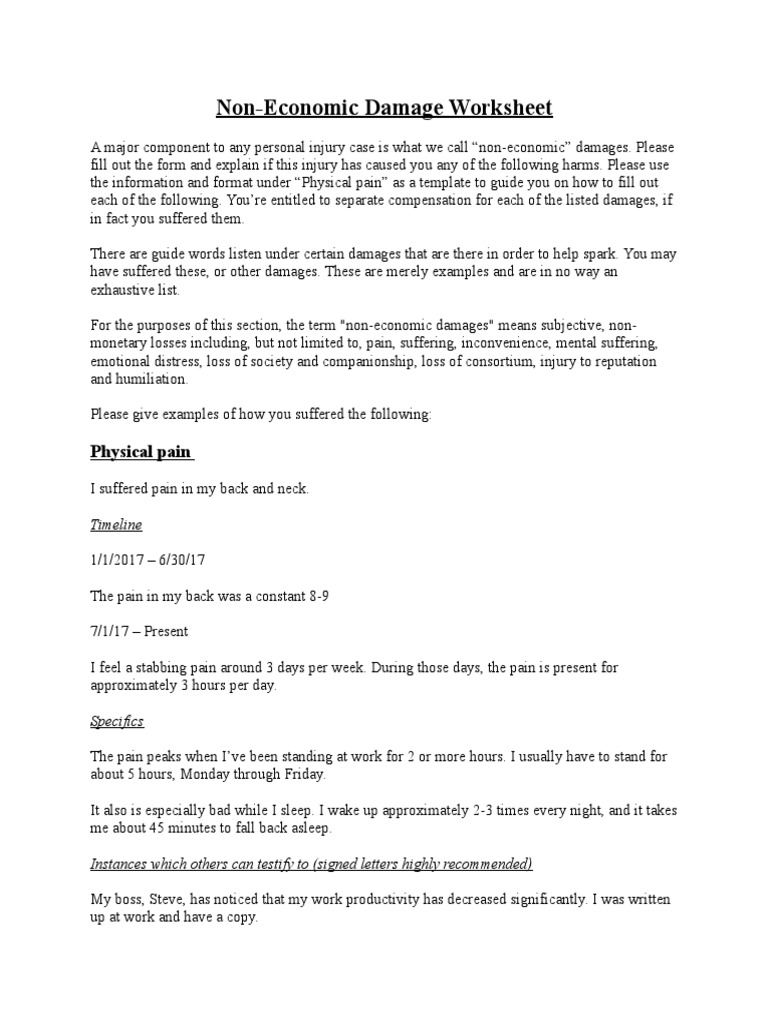 Noneconomic Damages Worksheet Pdf Damages Pain