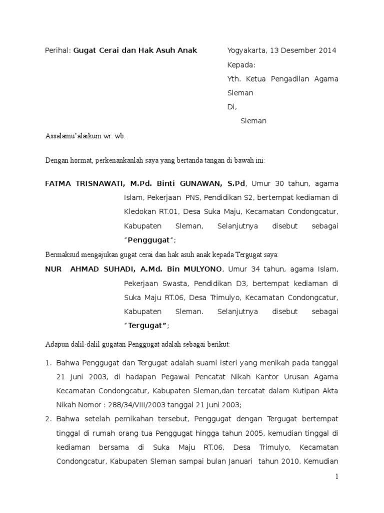 Contoh Surat Gugatan Cerai Disertai Anak