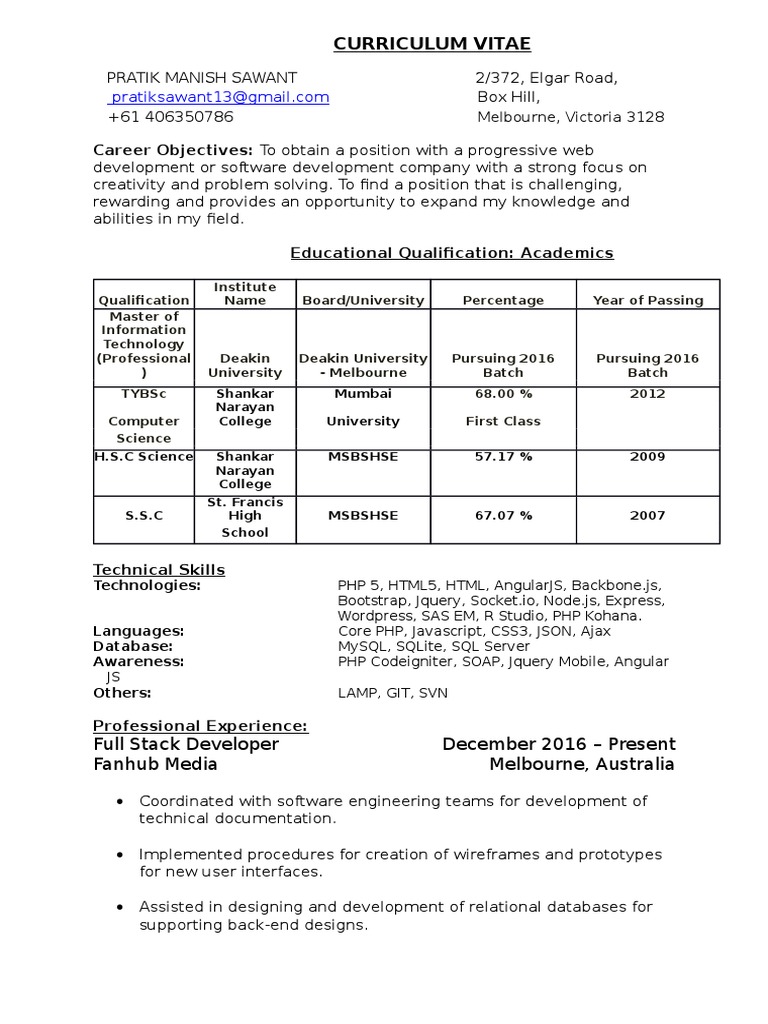 Full Stack Developer Resume Php Angular Js