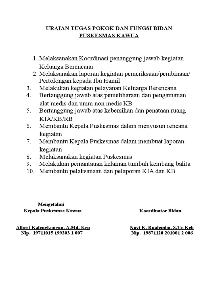 Uraian Tugas Pokok Dan Fungsi Bidan Puskesmas Kawua