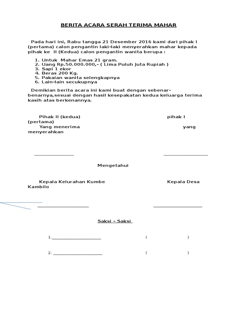 Berita Acara Serah Terima Mahar
