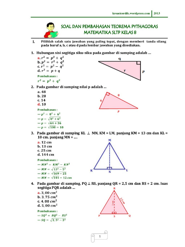 8 8 1 soal dan pembahasan teorema pythagoras matematika sltp kelas 8