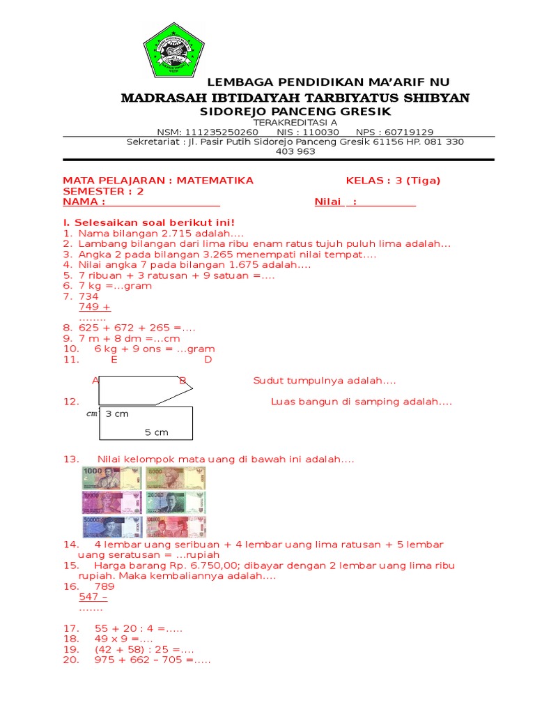 Soal Ukk Matematika Kelas 3