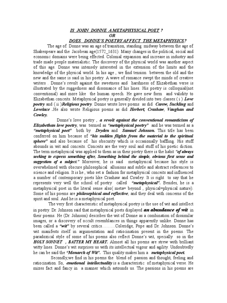 Is John Donne As A Metaphysical Poet PDF English Literature Poetry