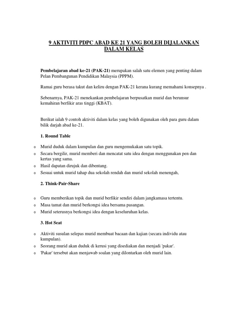 9 Aktiviti Kelas Dlm Pdpc Abad Ke 21 Pdf