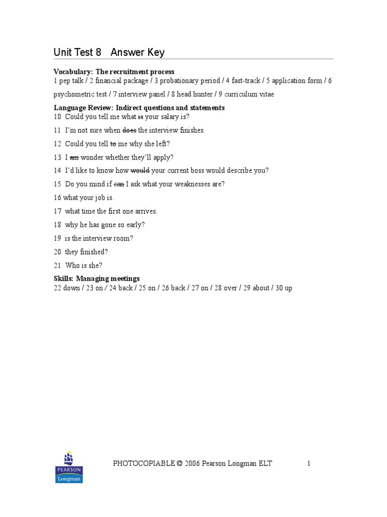 Unit Test 8 Answer Key: Recruitment Focus | PDF