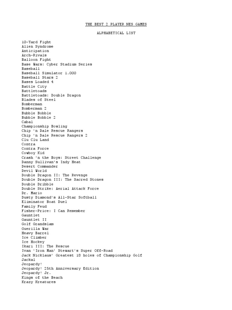 Top NES Games for Two Players | PDF | Sports | Entertainment