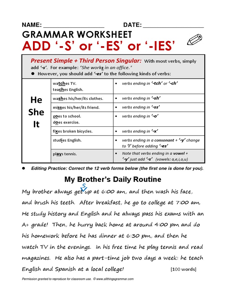 Present Simple S Es Ies Exercises Pdf