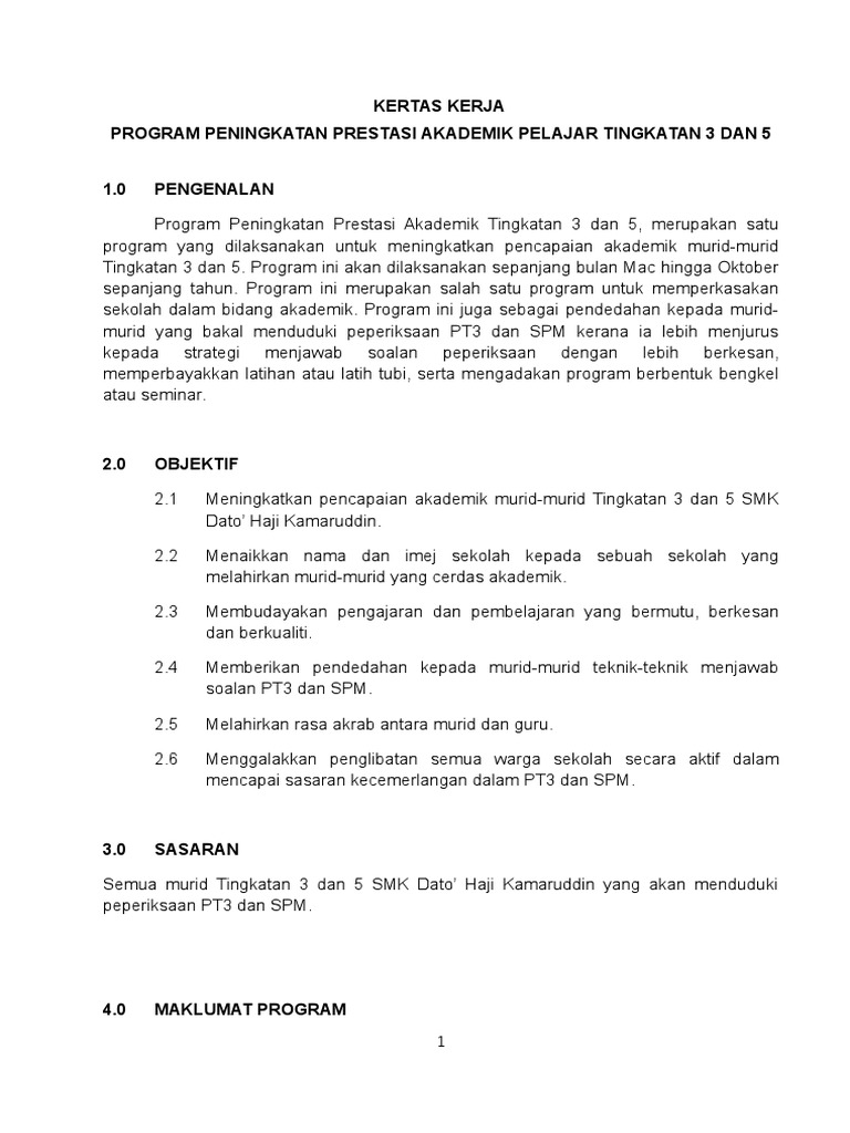 Kertas Kerja Program Peningkatan Prestasi Akademik Pdf