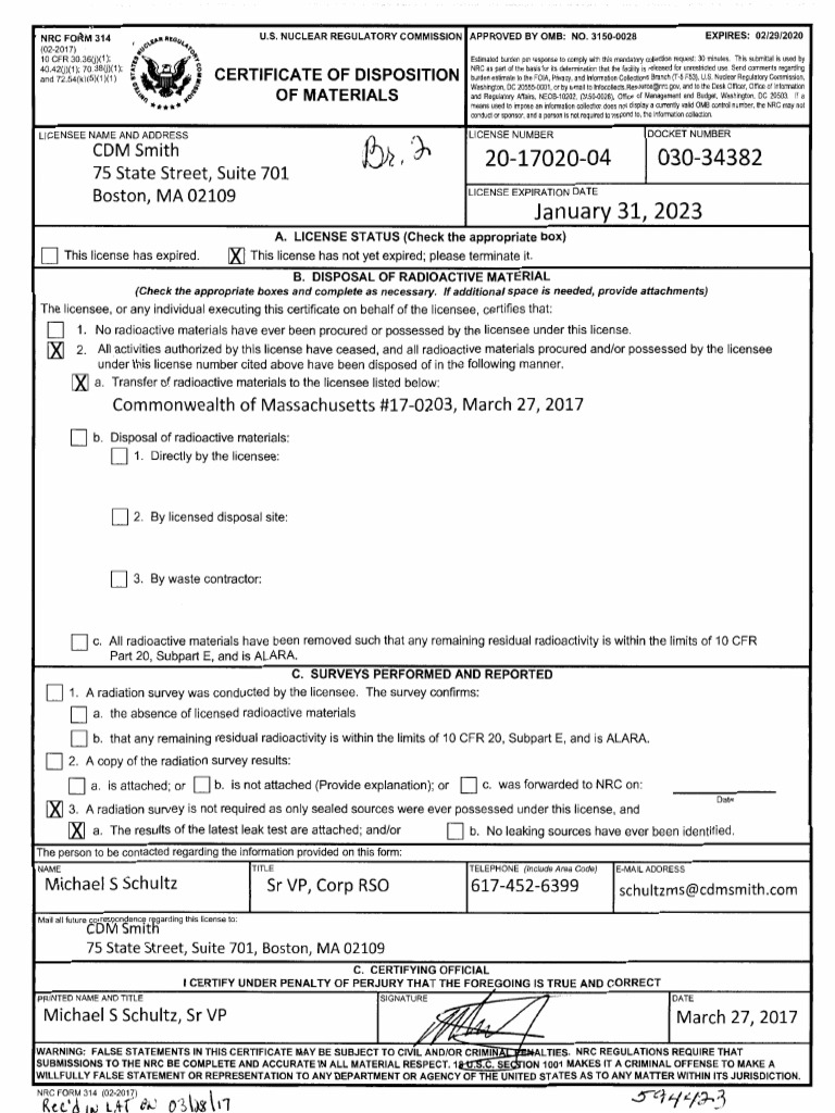 Certificate of Disposition and Termination of Radioactive Materials