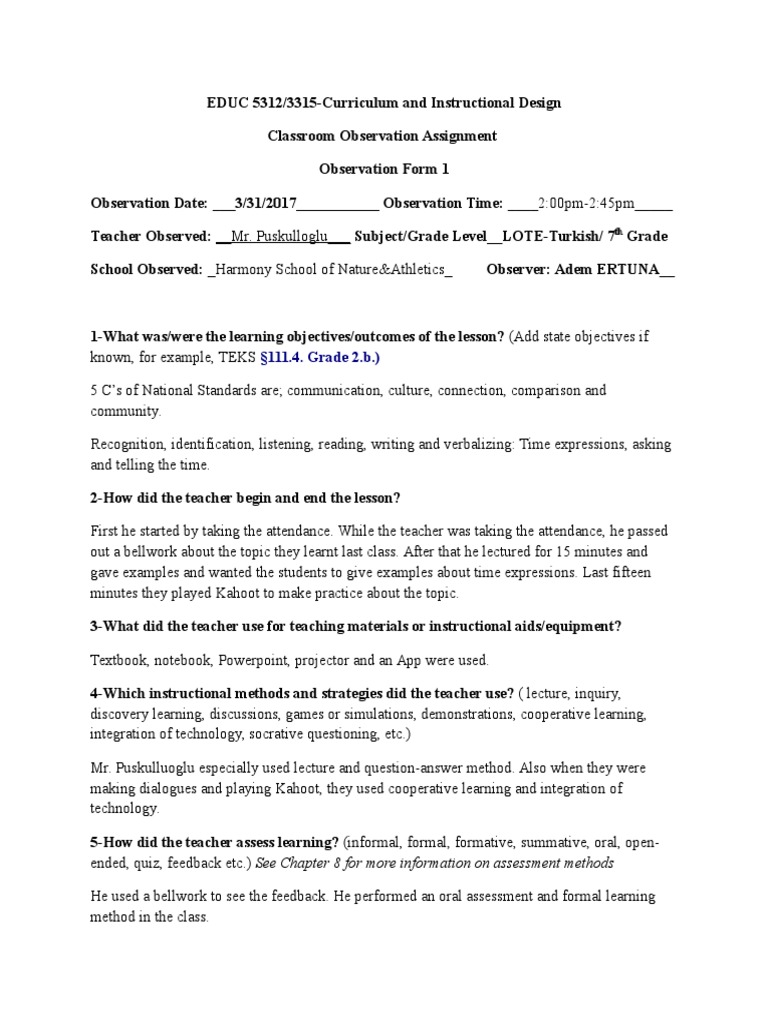 Classroom Observation Insights: Mr. Puskulloglu | PDF | Lecture | Teachers