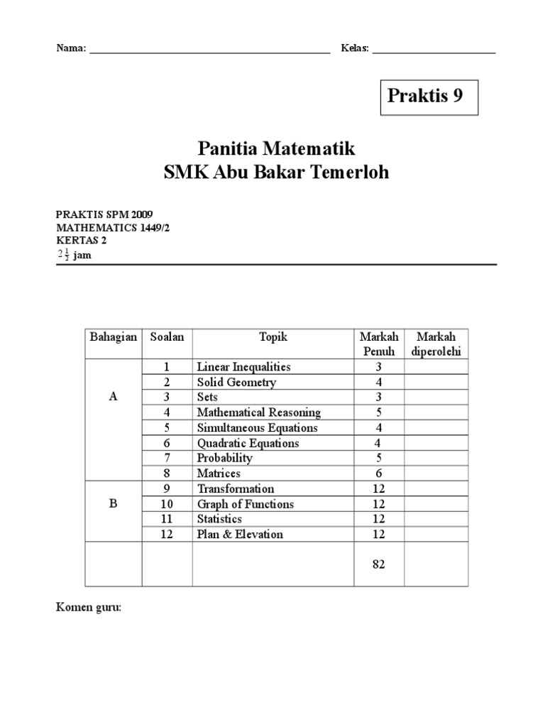 Praktis Matematik SPM 2009 Kertas 2 | PDF