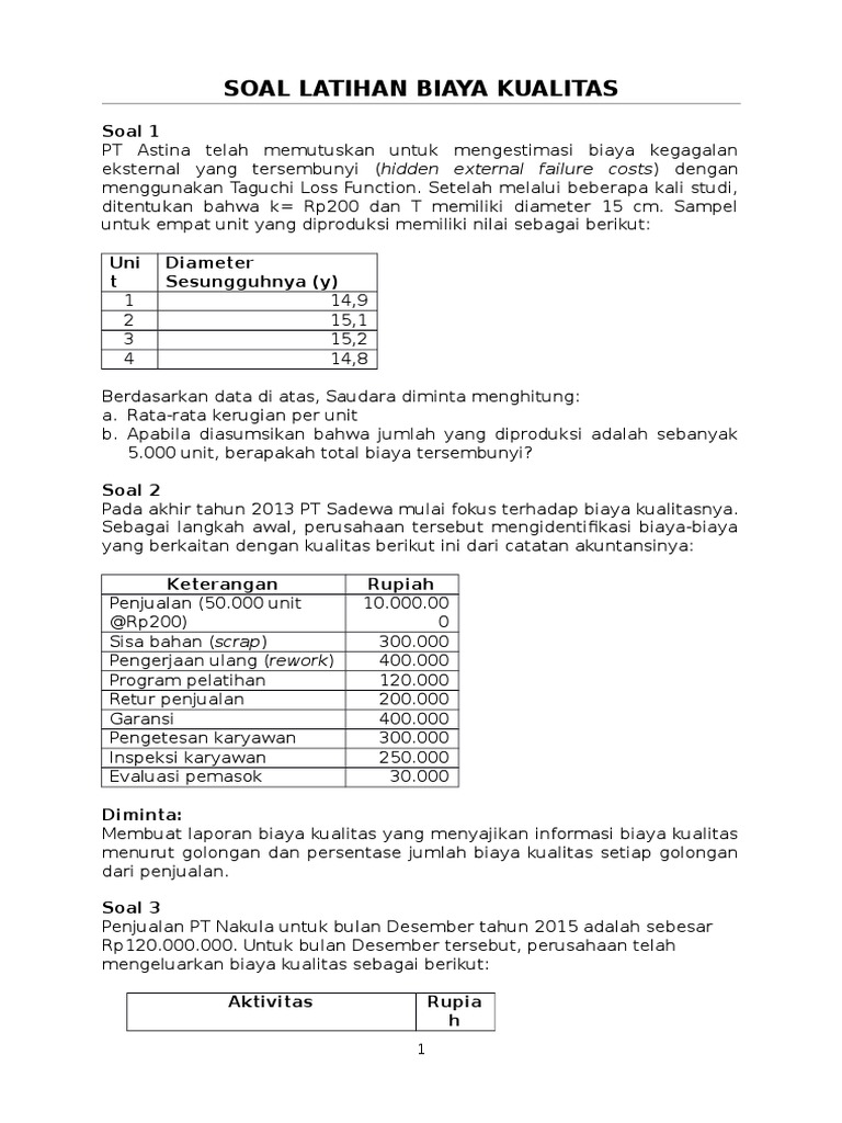Soal Latihan Biaya Kualitas