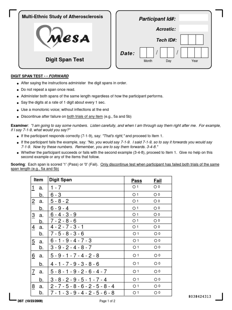 V5 MESA Digit Span Test | Data Collection | Test (Assessment)