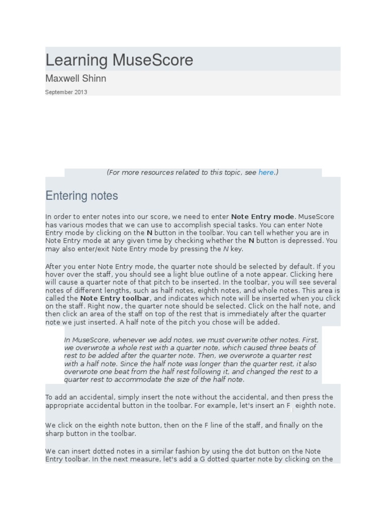 Learning Musescore: Entering Notes | Download Free PDF | Keyboard ...