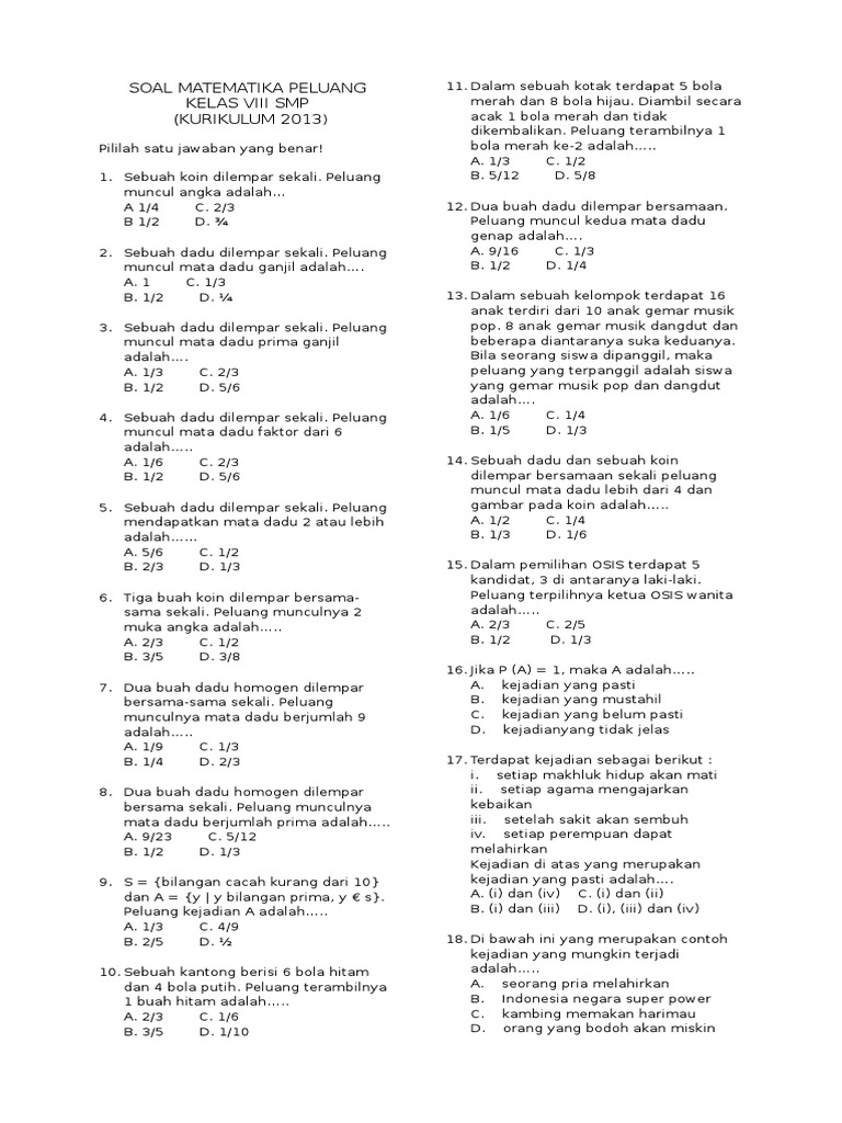 Soal Peluang Smp Kelas 9 Pdf