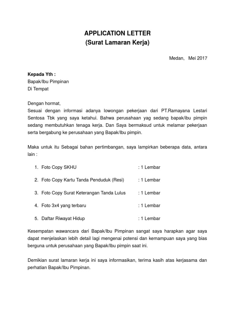 Contoh Surat Lamaran Kerja Putri Nurul
