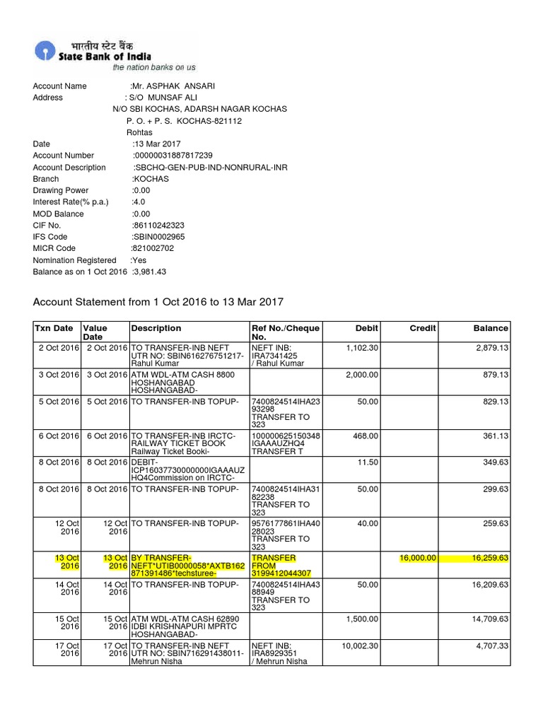 Bank Statement - 0ct To March17 PDF | PDF | Debit Card | Automated