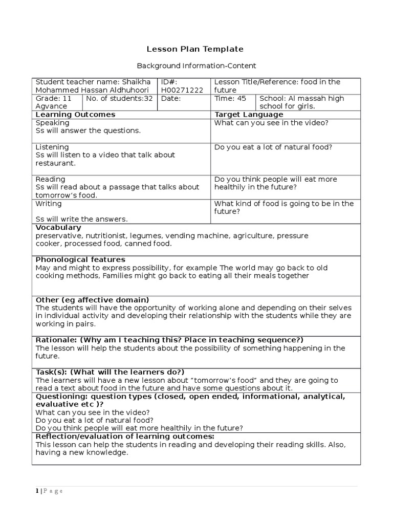 Lesson Plan 1 Reading | PDF | Lesson Plan | Reading (Process)