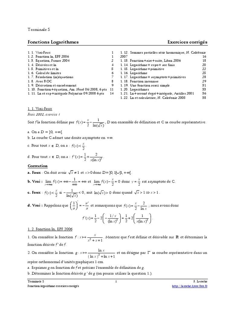 Etude De Fonction Logarithme Exercice Corrigé Pdf Exercices Logarithme Corriges | PDF | Courbe | Fonction monotone