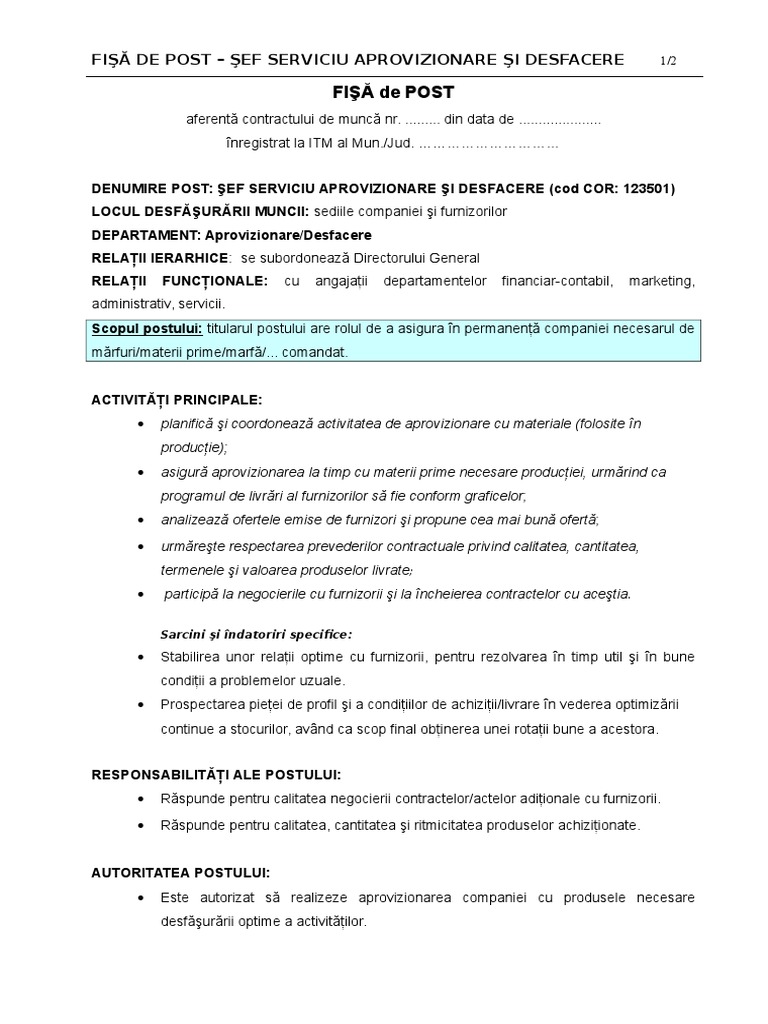 FisÄƒ De Post Sef Aprovizionare