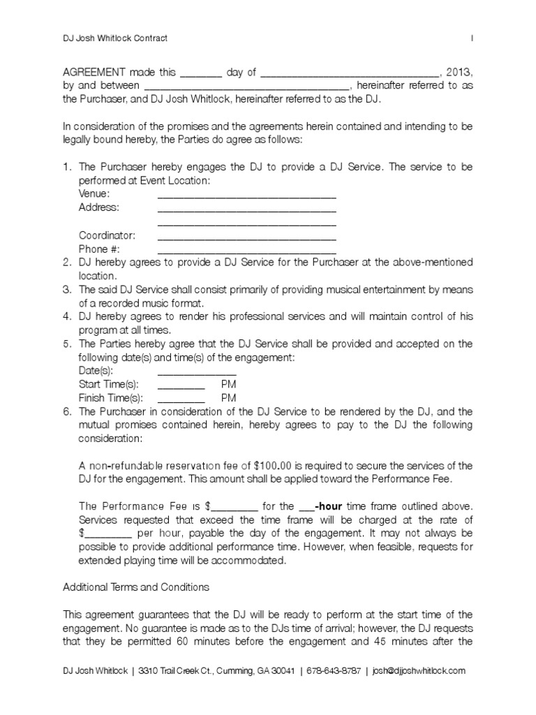 Sample DJ Contract PDF Format PDF  Fee  Guarantee