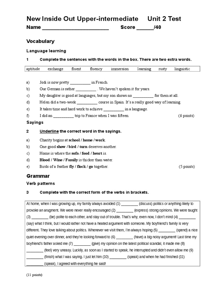 Upper-Intermediate Language Test Unit 2 | PDF | Linguistics | Languages