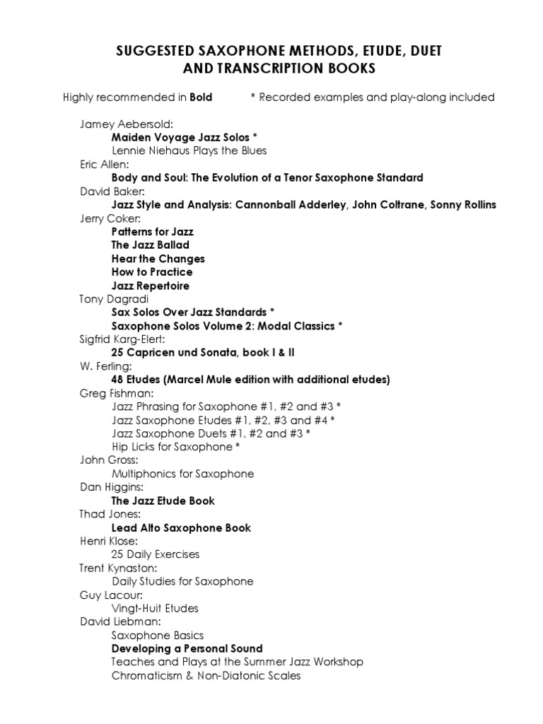 Recommended Saxophone Methods & Exercises | PDF | Saxophone | Alto ...