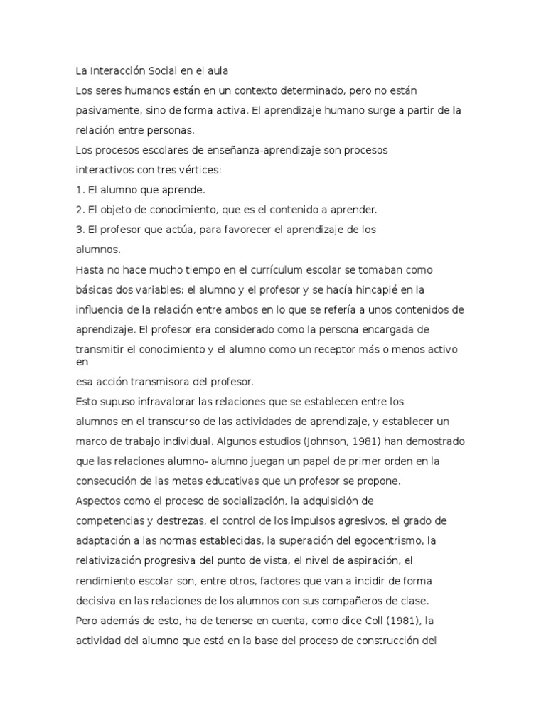 Interacción Social en el Aula Escolar | PDF | Aprendizaje | Maestros