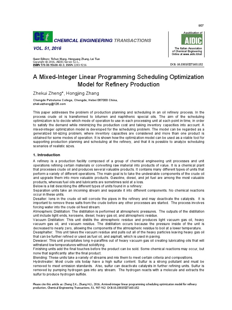 A Mixed-Integer Linear Programming Scheduling Optimization Model For ...