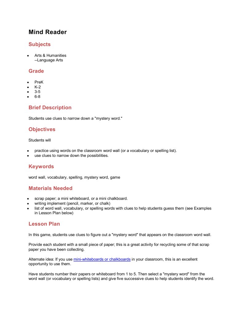 Mind Reader | PDF | Word | Vocabulary