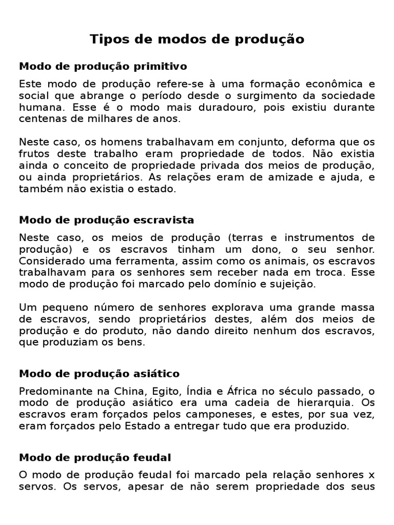 Tipos de Modos de Produção | PDF | Escravidão | Feudalismo