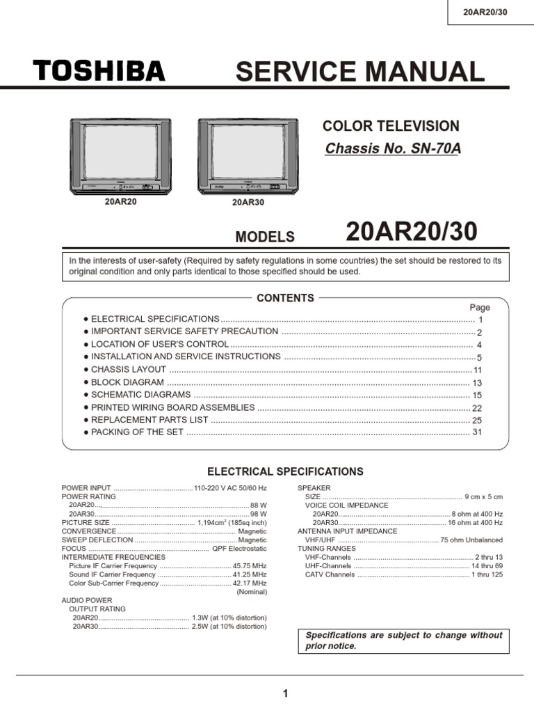 Manual de Servicio TV Toshiba 20ar20 - 30 | PDF | Vacuum Tube | Voltage