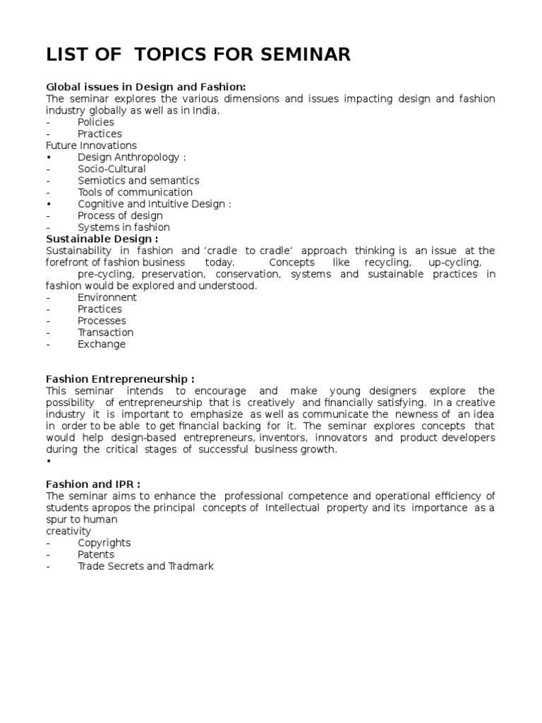 List of Topics For Seminar: Global Issues in Design and Fashion | PDF ...