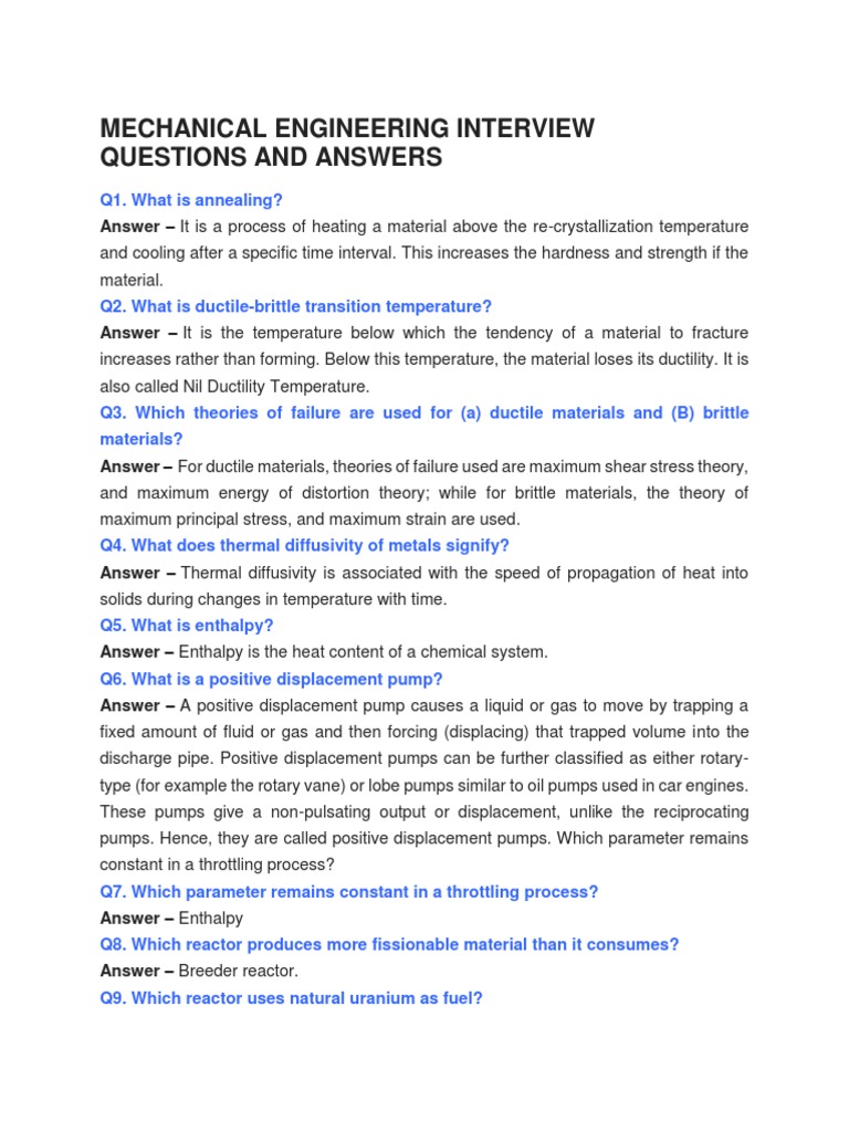Mechanical Engineering Interview Questions and Answers PDF