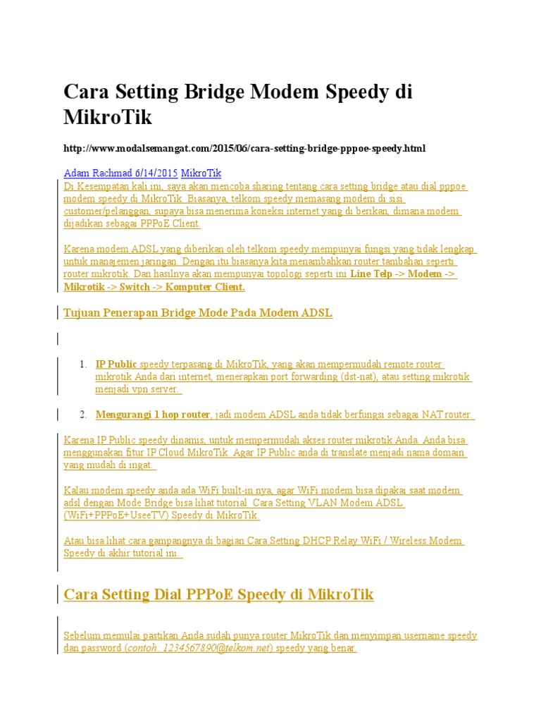 Cara Setting Bridge Modem Speedy Di Mikrotik