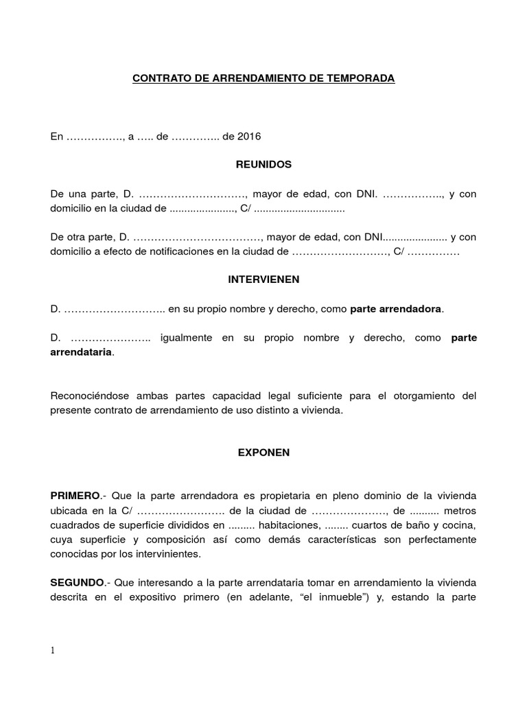 Contrato de Arrendamiento de Temporada[148] Alquiler Pagos