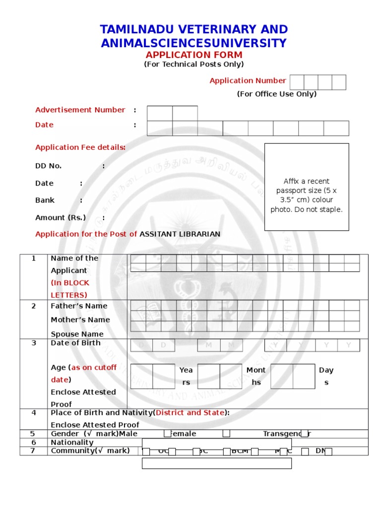 Tamilnadu Veterinary and Animalsciencesuniversity Application Form