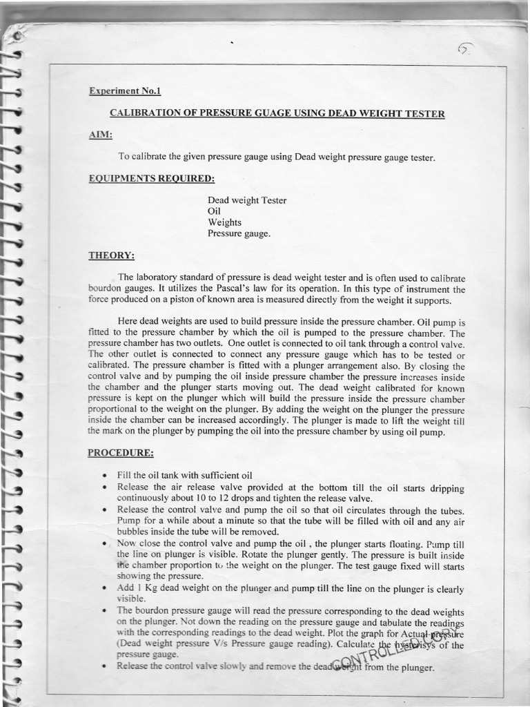 Calibration of a Pressure Gauge Using a Dead Weight Tester Procedure
