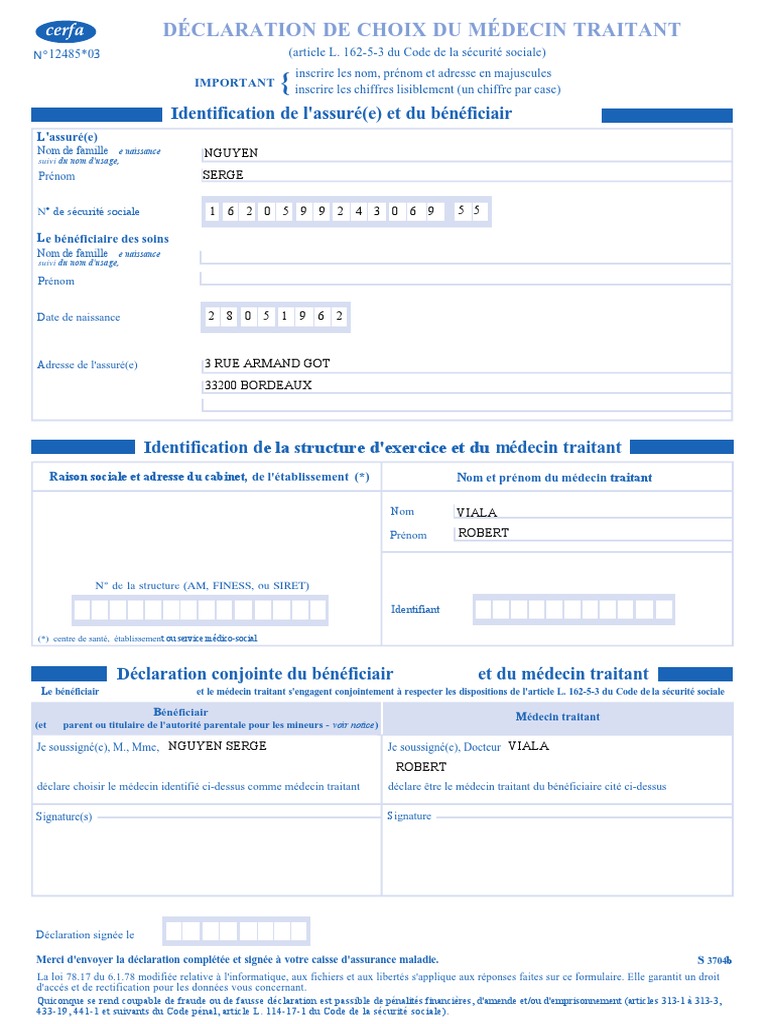 Déclaration du médecin traitant formulaire n 3704