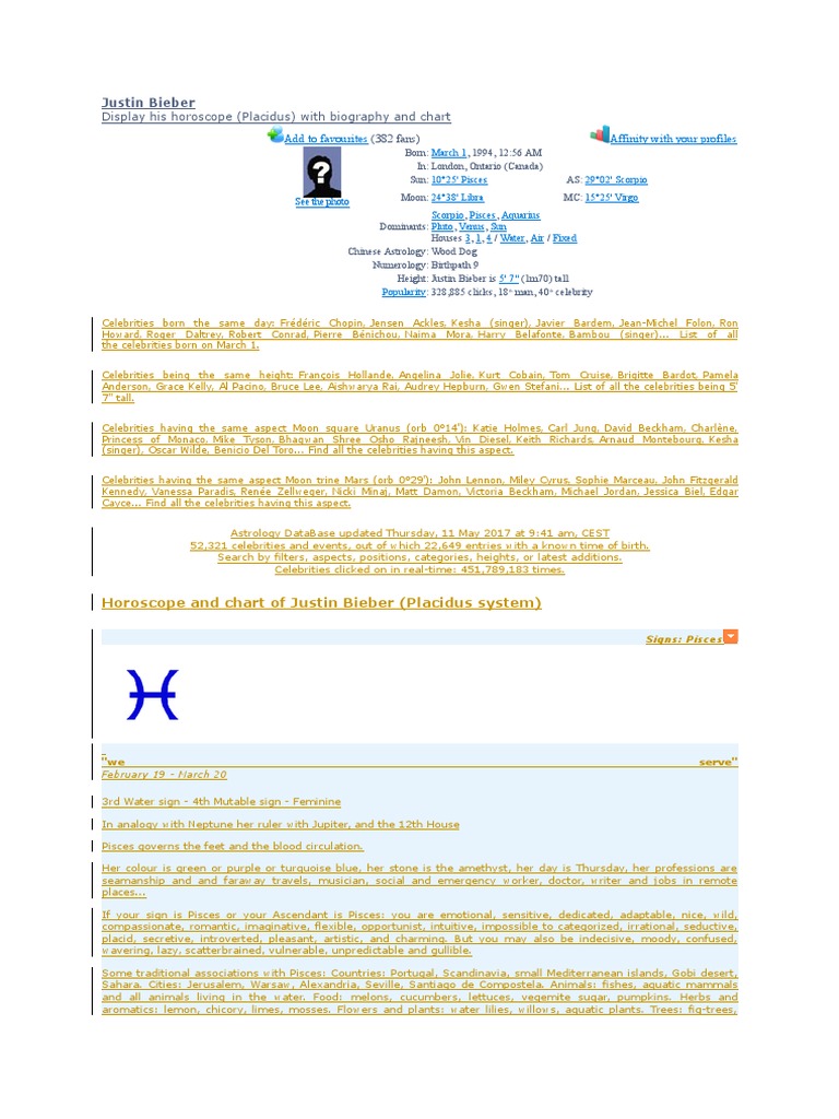 Justin Bieber's Birth Chart and Astrological Profile PDF In