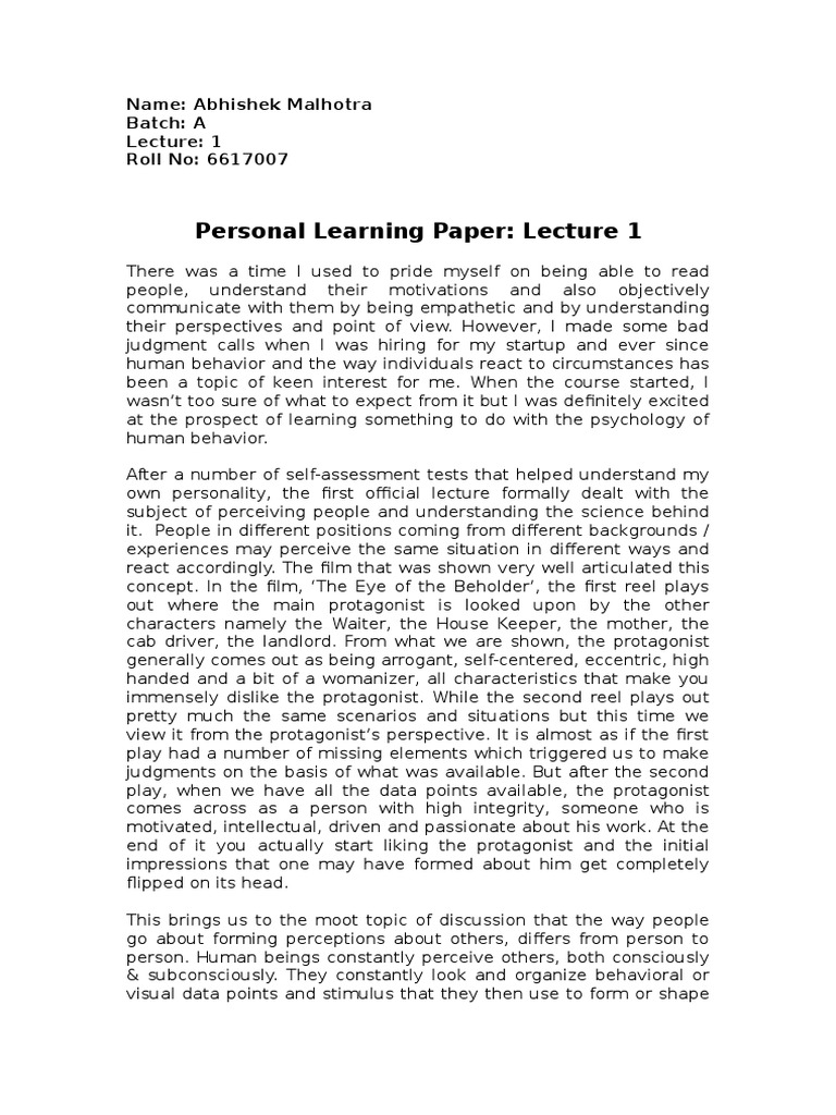 Personal Learning Paper OB Lectures 1 & 2 Perception Motivation