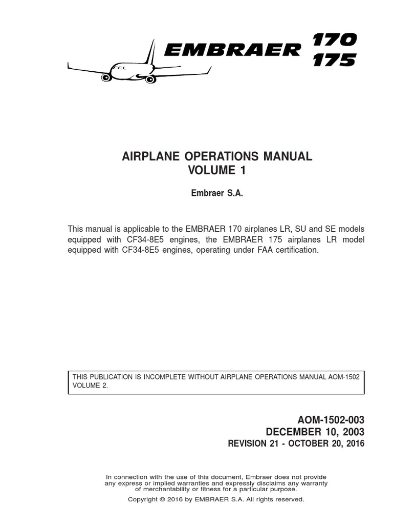 EMBRAER 170175 AIRPLANE OPERATIONS MANUAL VOLUME 1 Aviation Vehicles