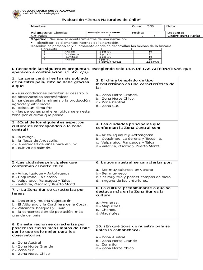 Evaluación Zonas Naturales de Chile 5° Básico | PDF | Chile | Andes