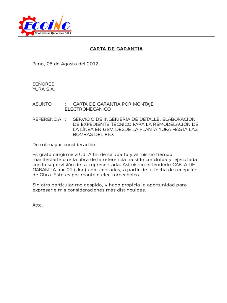 Carta de Garantia Bomba de Rio